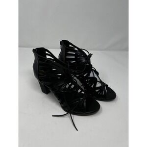 Report Ridley Women's Black Leather Peep Toe Block Heel Gladiator Sandal‎ Size 9